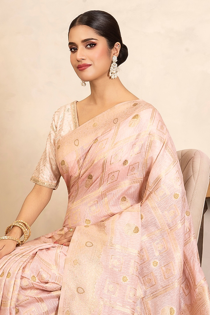 Baby Pink Pure Silk Banarasi Zari Work Party Wear Saree Set by Zal From Benaras at Pernia's Pop Up Shop