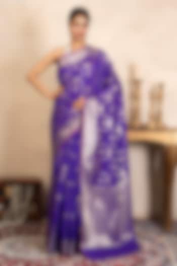 Purple Pure Silk Banarasi Hand Embroidered Party Wear Saree Set by Zal From Benaras at Pernia's Pop Up Shop
