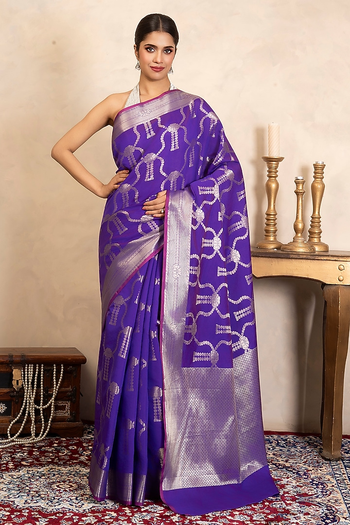 Purple Pure Silk Banarasi Hand Embroidered Party Wear Saree Set by Zal From Benaras at Pernia's Pop Up Shop