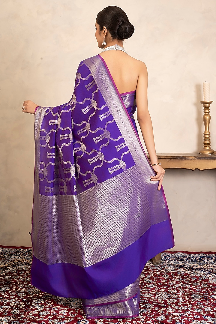 Purple Pure Silk Banarasi Hand Embroidered Party Wear Saree Set by Zal From Benaras at Pernia's Pop Up Shop