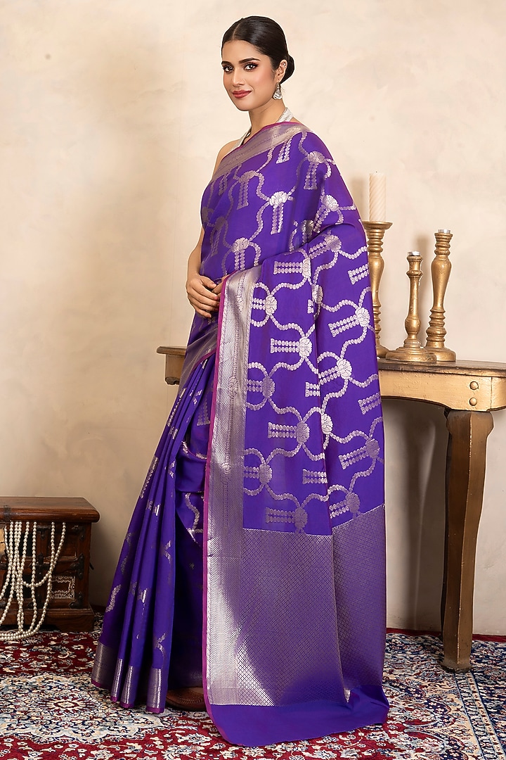Purple Pure Silk Banarasi Hand Embroidered Party Wear Saree Set by Zal From Benaras at Pernia's Pop Up Shop