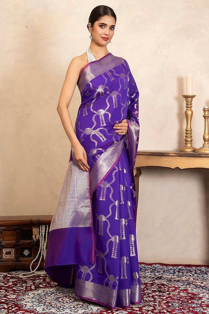 Purple Pure Silk Banarasi Hand Embroidered Party Wear Saree Set by Zal From Benaras at Pernia's Pop Up Shop