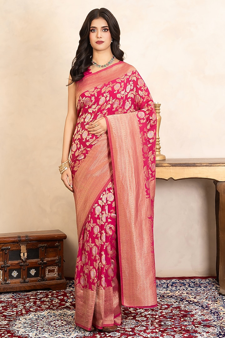 Rani Pink Pure Katan Silk Banarasi Party Wear Saree Set by Zal From Benaras at Pernia's Pop Up Shop