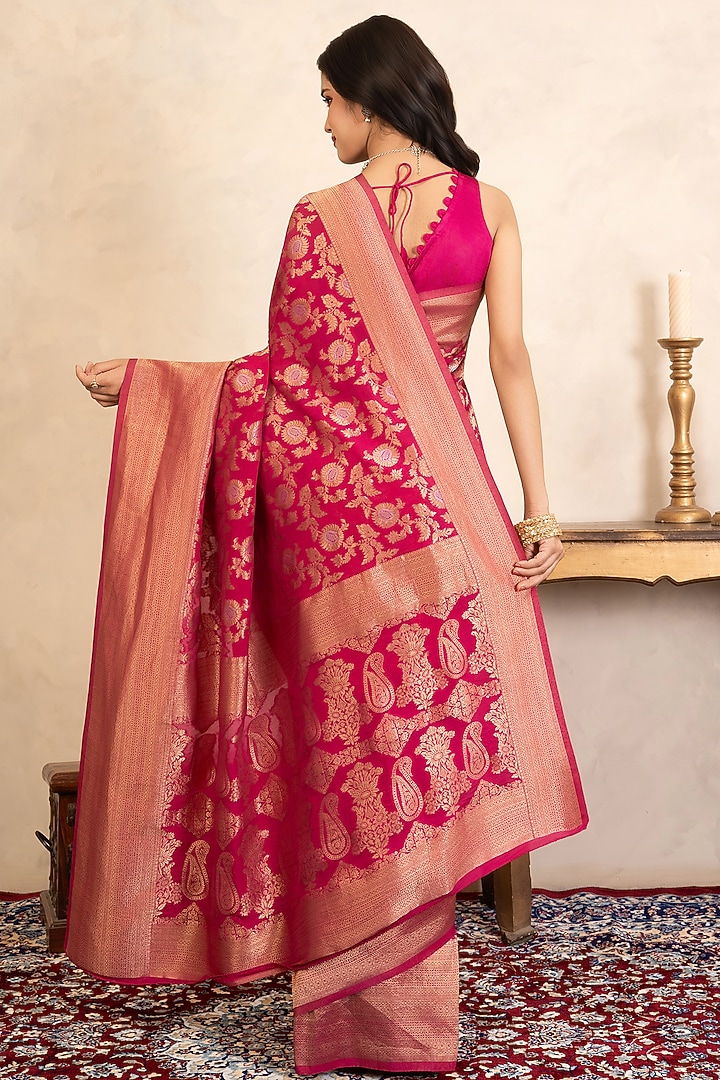 Rani Pink Pure Katan Silk Banarasi Party Wear Saree Set by Zal From Benaras at Pernia's Pop Up Shop