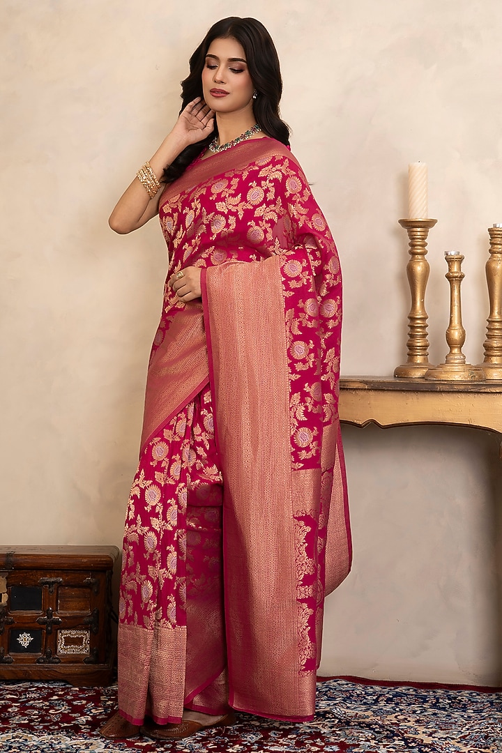 Rani Pink Pure Katan Silk Banarasi Party Wear Saree Set by Zal From Benaras at Pernia's Pop Up Shop