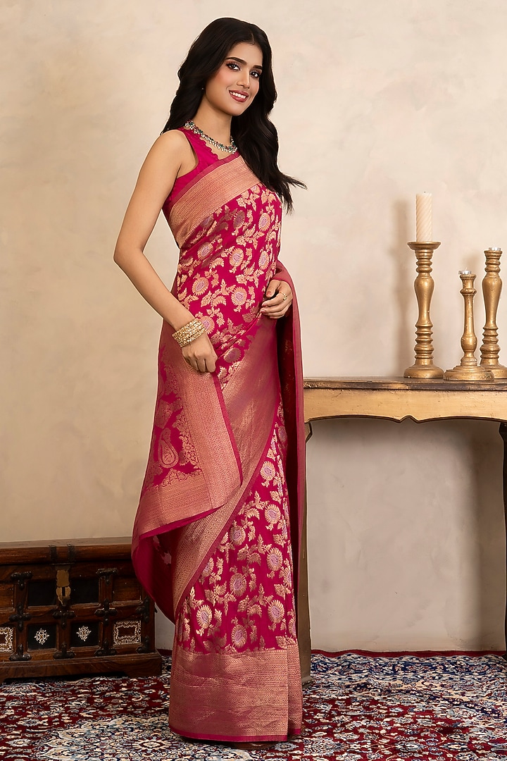 Rani Pink Pure Katan Silk Banarasi Party Wear Saree Set by Zal From Benaras at Pernia's Pop Up Shop