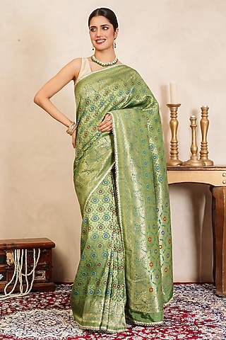 Pista Green Pure Silk Brocade Saree Set by Zal From Benaras