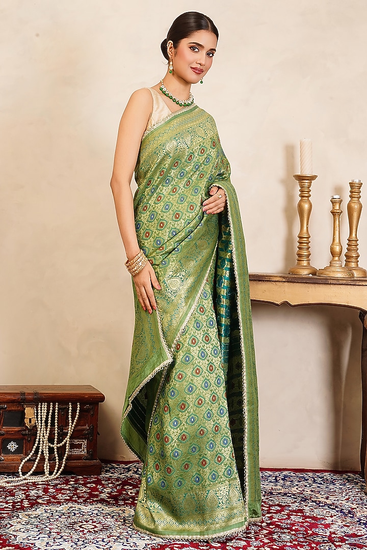 Pista Green Pure Silk Brocade Party Wear Saree Set by Zal From Benaras at Pernia's Pop Up Shop