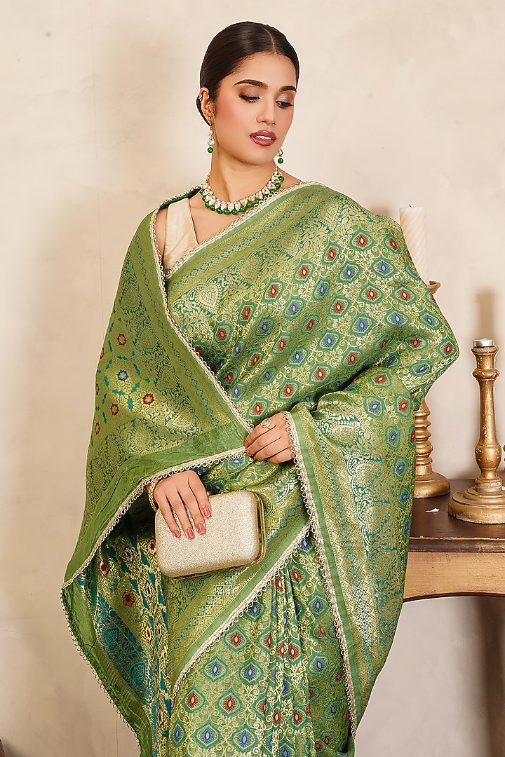 Pista Green Pure Silk Brocade Party Wear Saree Set by Zal From Benaras at Pernia's Pop Up Shop