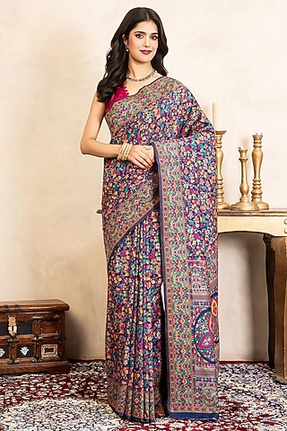 Blue Banarasi Meenakari Work Saree Set by Zal From Benaras
