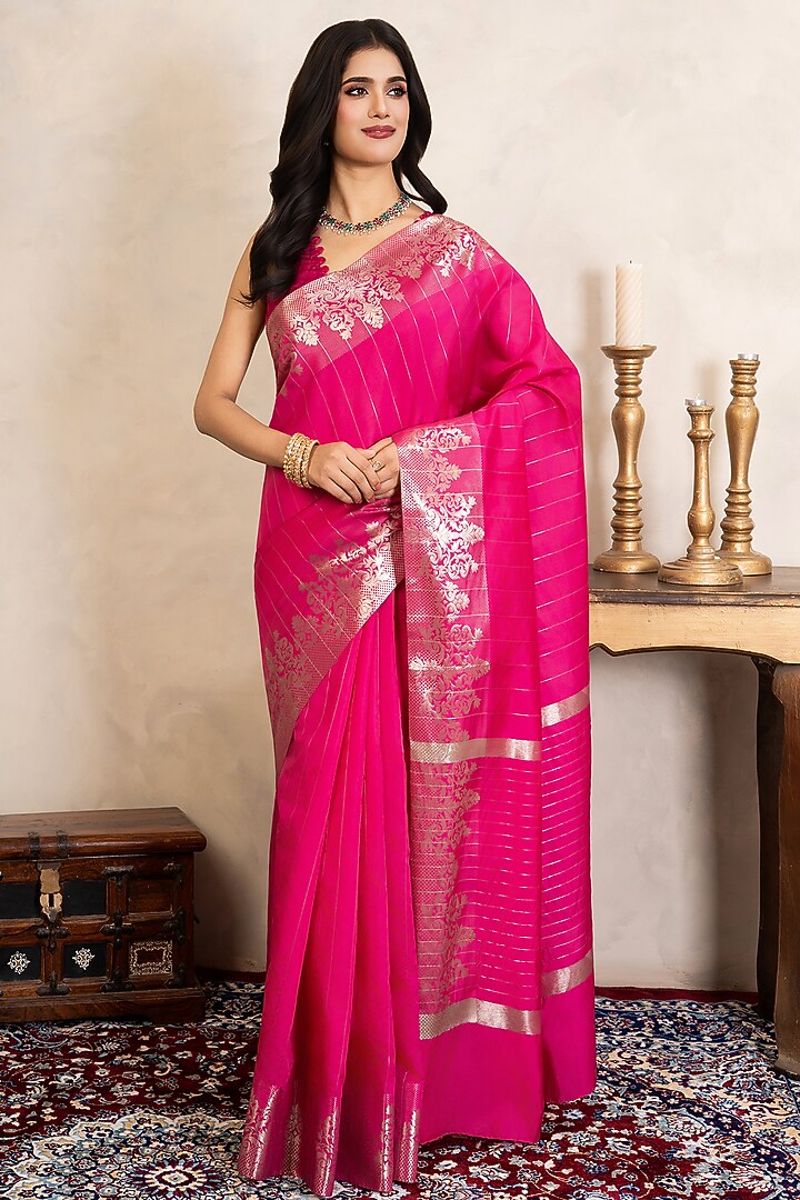 Pink Pure Silk Banarasi Party Wear Saree Set by Zal From Benaras at Pernia's Pop Up Shop