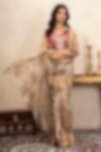 Beige Pure Organza Silk Banarasi Printed Party Wear Saree Set by Zal From Benaras at Pernia's Pop Up Shop