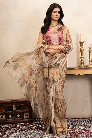 Beige Pure Organza Silk Banarasi Printed Saree Set by Zal From Benaras