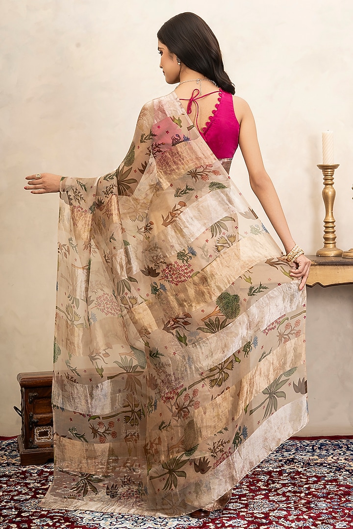 Beige Pure Organza Silk Banarasi Printed Party Wear Saree Set by Zal From Benaras at Pernia's Pop Up Shop