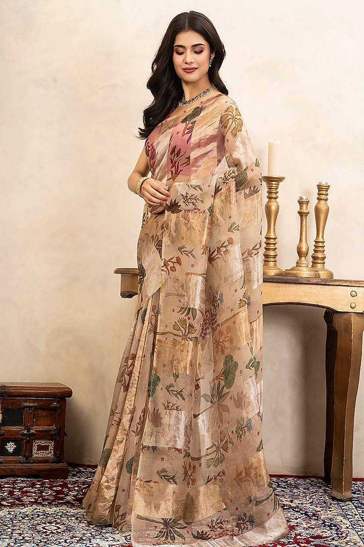 Beige Pure Organza Silk Banarasi Printed Party Wear Saree Set by Zal From Benaras at Pernia's Pop Up Shop