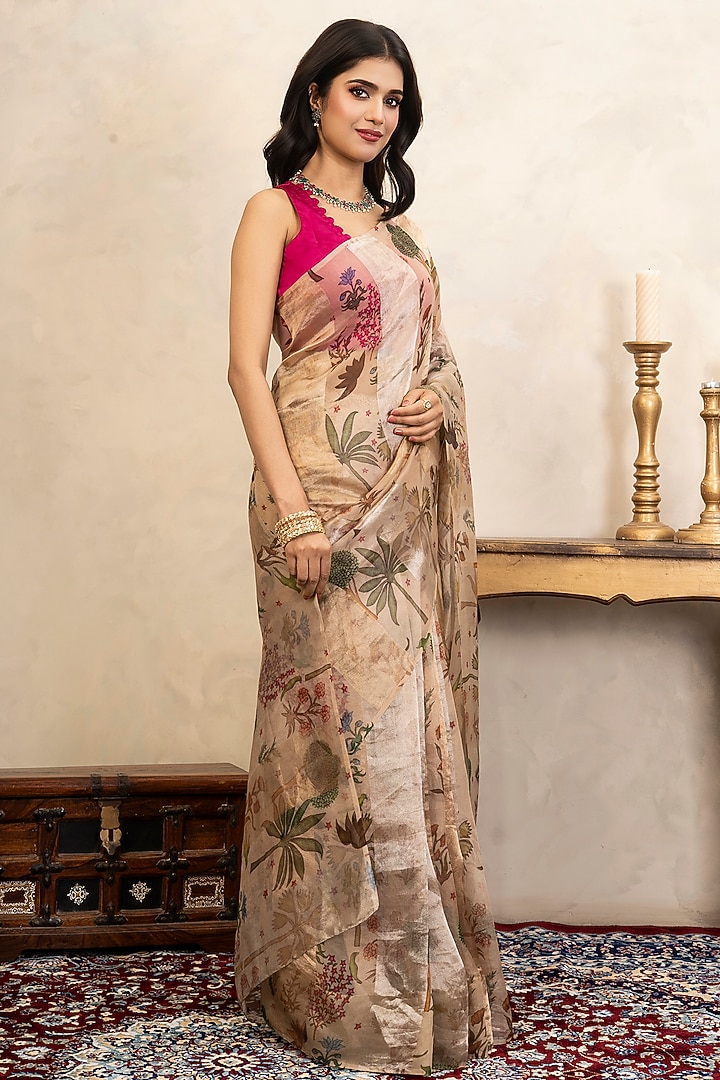 Beige Pure Organza Silk Banarasi Printed Party Wear Saree Set by Zal From Benaras at Pernia's Pop Up Shop