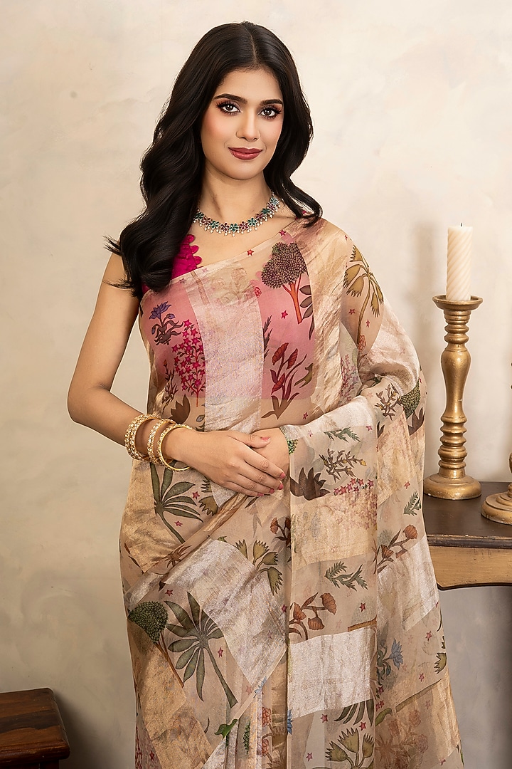 Beige Pure Organza Silk Banarasi Printed Party Wear Saree Set by Zal From Benaras at Pernia's Pop Up Shop