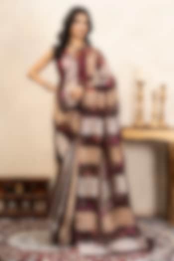 Coffee-Colored Pure Organza Silk Printed Party Wear Saree Set by Zal From Benaras at Pernia's Pop Up Shop