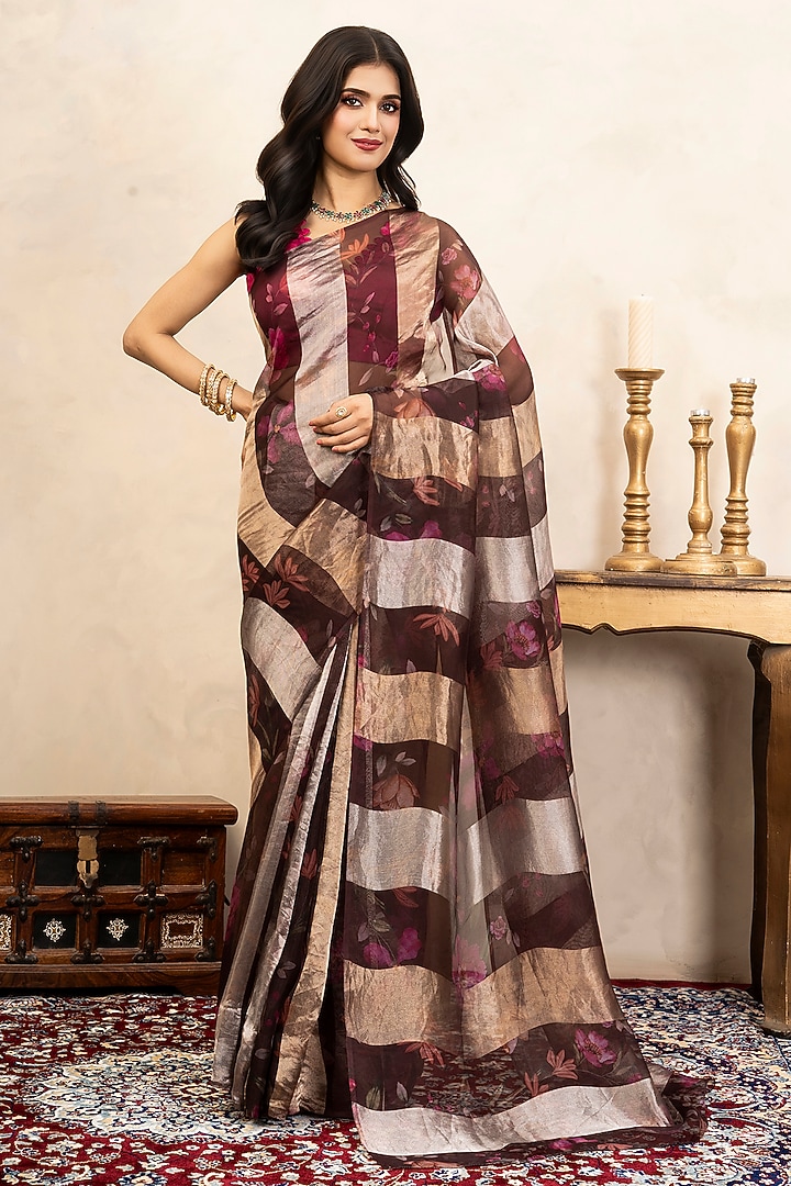 Coffee-Colored Pure Organza Silk Printed Party Wear Saree Set by Zal From Benaras at Pernia's Pop Up Shop