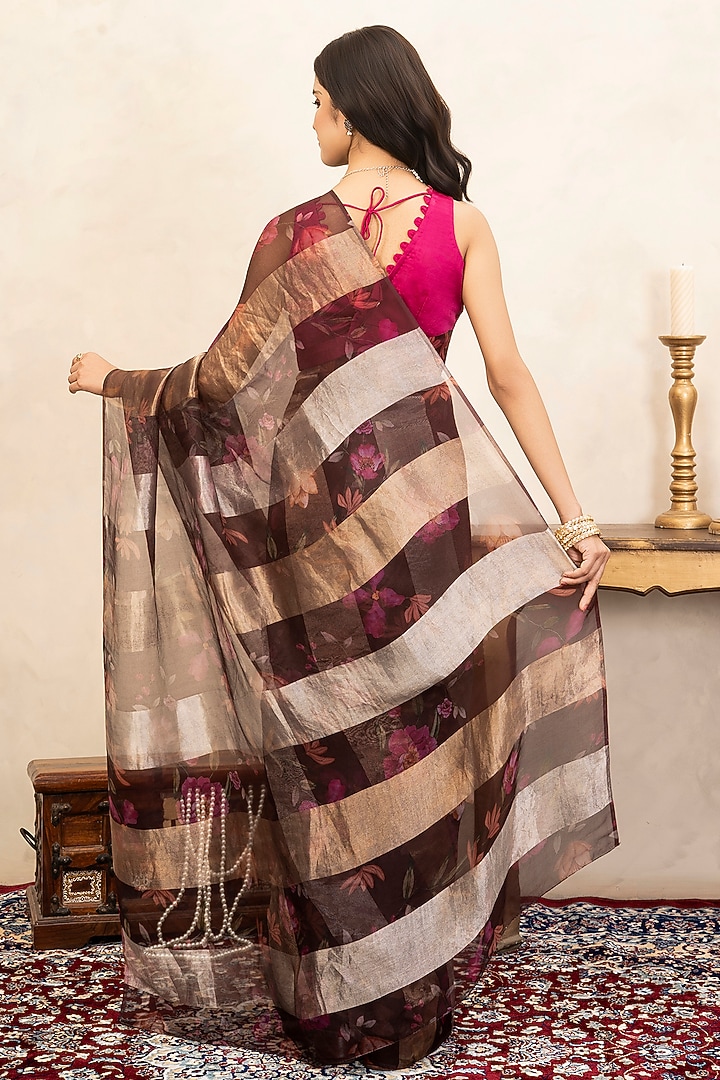 Coffee-Colored Pure Organza Silk Printed Party Wear Saree Set by Zal From Benaras at Pernia's Pop Up Shop