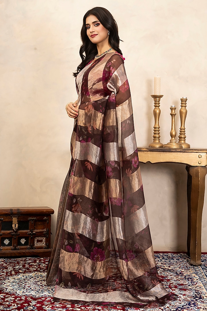 Coffee-Colored Pure Organza Silk Printed Party Wear Saree Set by Zal From Benaras at Pernia's Pop Up Shop