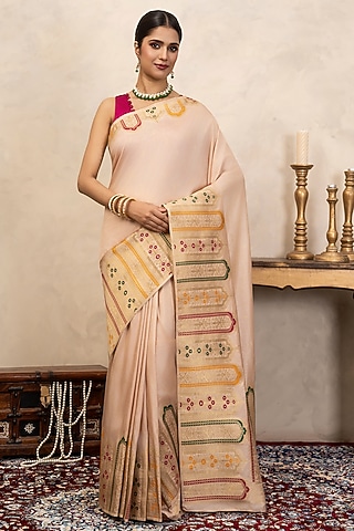 Rose Pink Pure Katan Silk Handloom Saree Set by Zal From Benaras