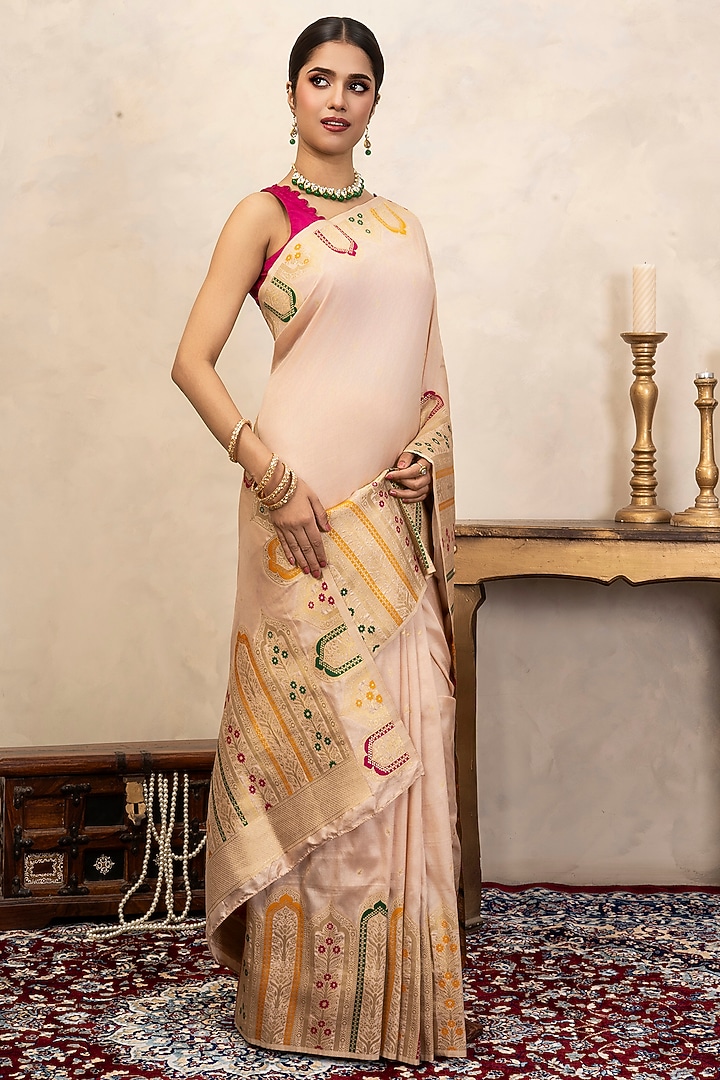 Rose Pink Pure Katan Silk Handloom Party Wear Saree Set by Zal From Benaras at Pernia's Pop Up Shop