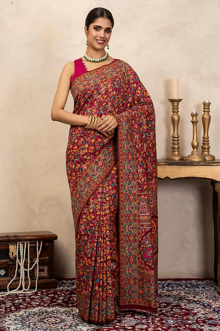 Red Pure Silk Banarasi Meenakari Work Party Wear Saree Set by Zal From Benaras at Pernia's Pop Up Shop