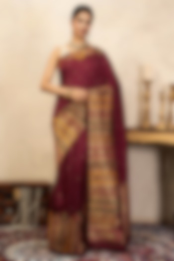 Maroon Pure Katan Silk Banarasi Party Wear Saree Set by Zal From Benaras at Pernia's Pop Up Shop