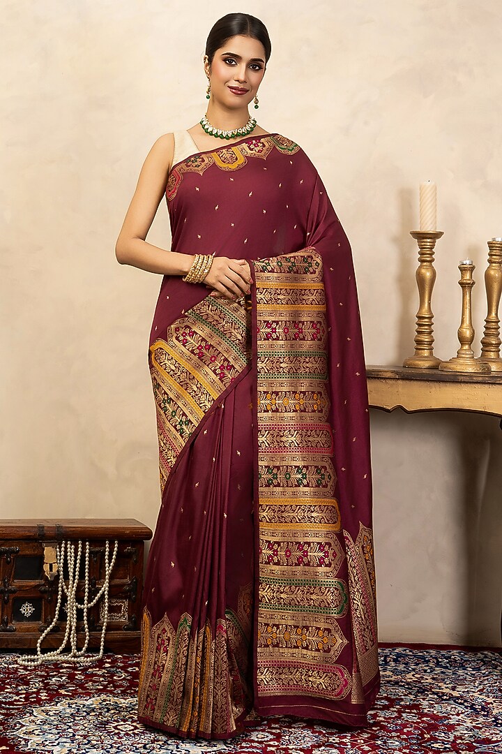Maroon Pure Katan Silk Banarasi Party Wear Saree Set by Zal From Benaras at Pernia's Pop Up Shop