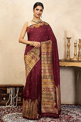 Maroon Pure Katan Silk Banarasi Saree Set by Zal From Benaras
