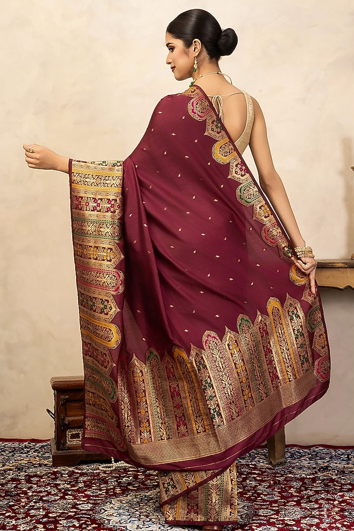 Maroon Pure Katan Silk Banarasi Party Wear Saree Set by Zal From Benaras at Pernia's Pop Up Shop