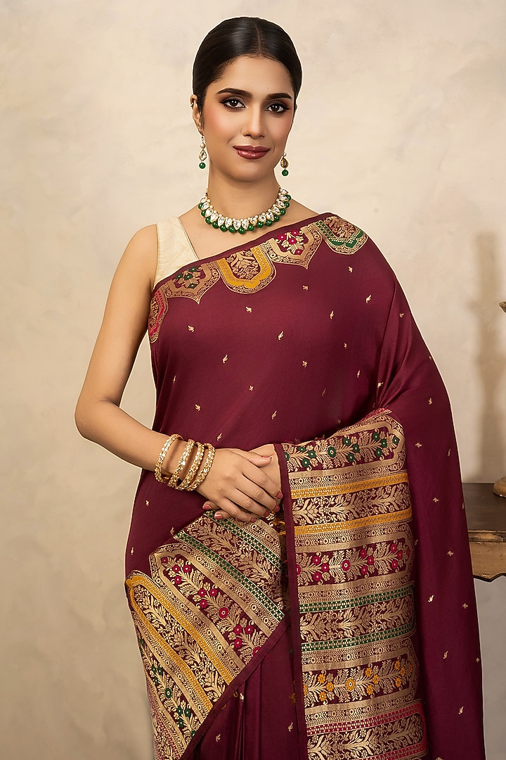 Maroon Pure Katan Silk Banarasi Party Wear Saree Set by Zal From Benaras at Pernia's Pop Up Shop