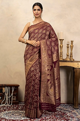 Maroon Pure Silk Banarasi Saree Set by Zal From Benaras