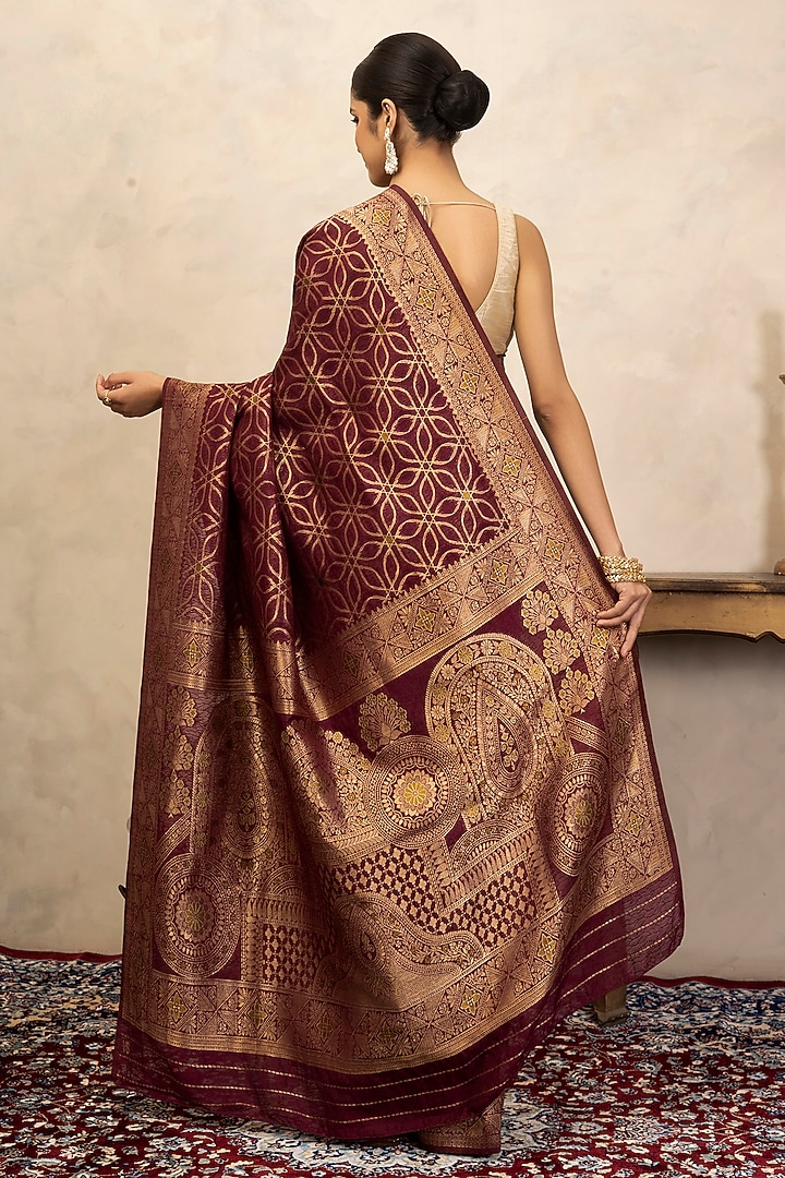 Maroon Pure Silk Banarasi Party Wear Saree Set by Zal From Benaras at Pernia's Pop Up Shop