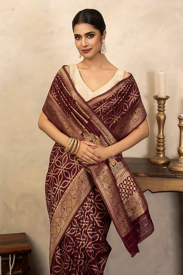Maroon Pure Silk Banarasi Party Wear Saree Set by Zal From Benaras at Pernia's Pop Up Shop