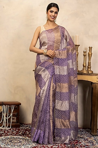 Lavender Handloom Pure Organza Silk Digital Printed Saree Set by Zal From Benaras