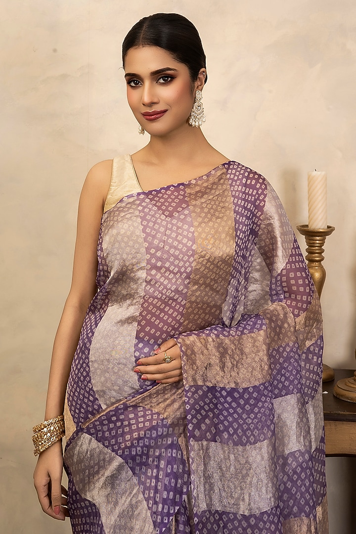Lavender Handloom Pure Organza Silk Digital Printed Party Wear Saree Set by Zal From Benaras at Pernia's Pop Up Shop