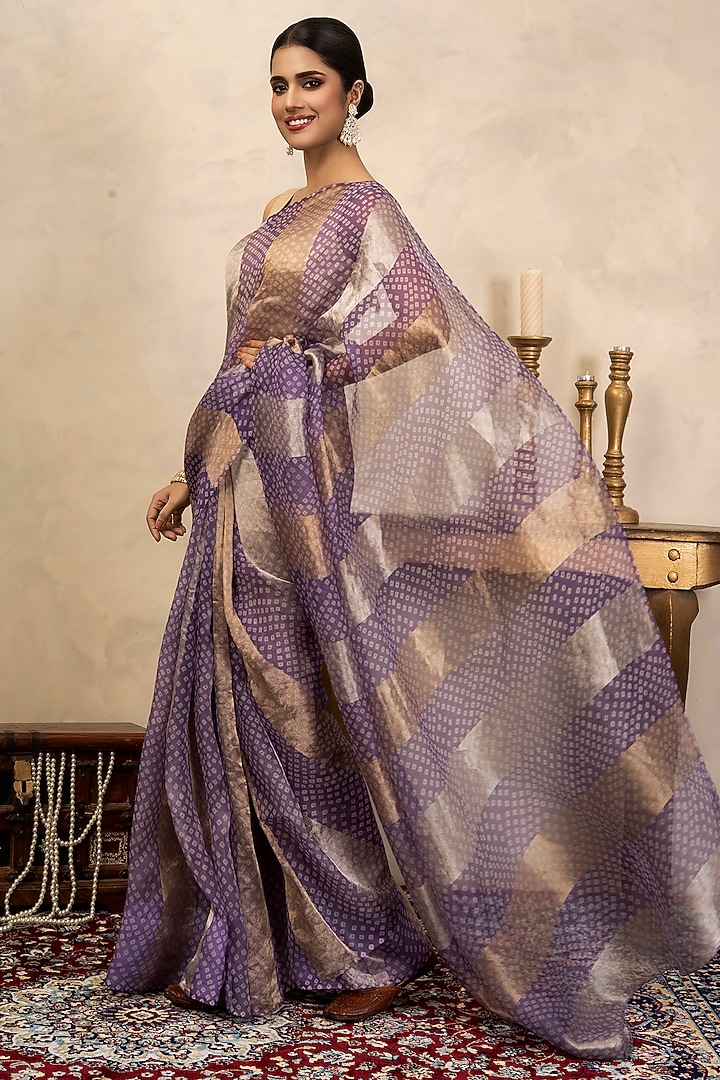 Lavender Handloom Pure Organza Silk Digital Printed Party Wear Saree Set by Zal From Benaras at Pernia's Pop Up Shop