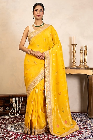 Yellow Pure Katan Silk Banarasi Saree Set by Zal From Benaras