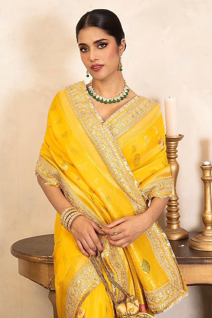 Yellow Pure Katan Silk Banarasi Party Wear Saree Set by Zal From Benaras at Pernia's Pop Up Shop