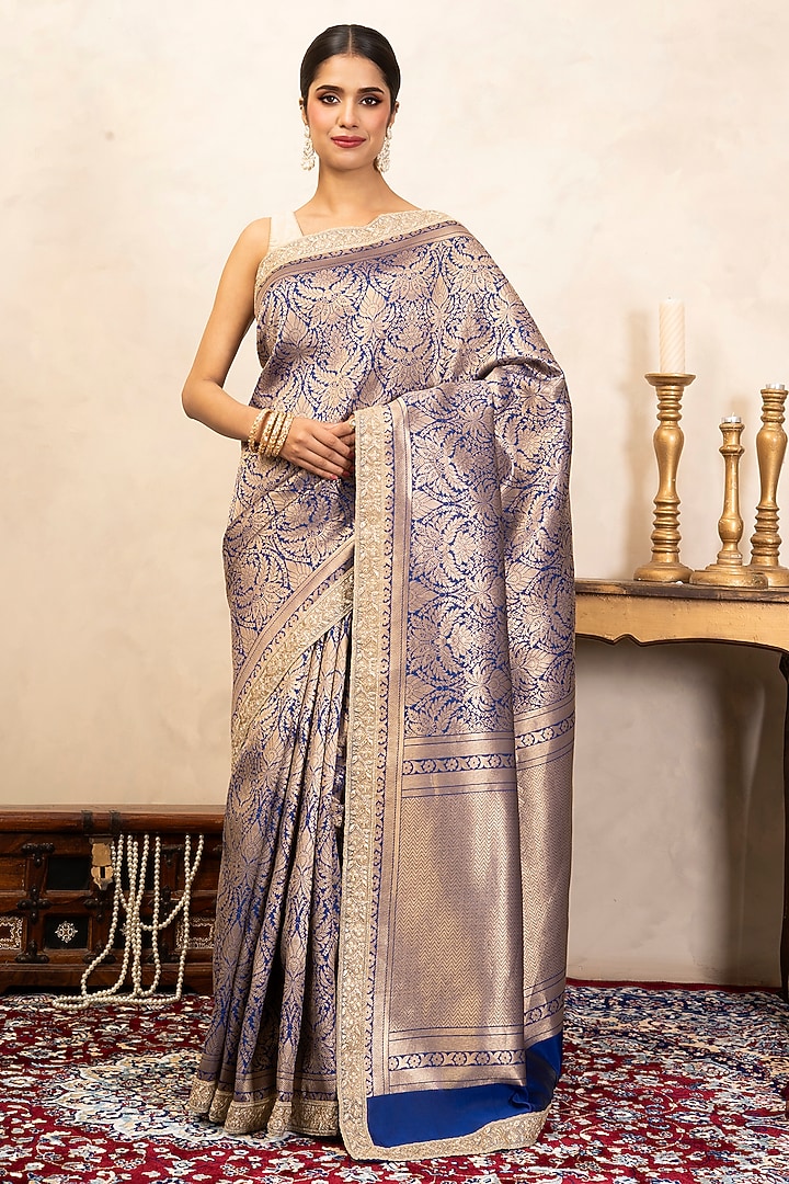Blue Pure Katan Silk Brocade Party Wear Saree Set by Zal From Benaras at Pernia's Pop Up Shop