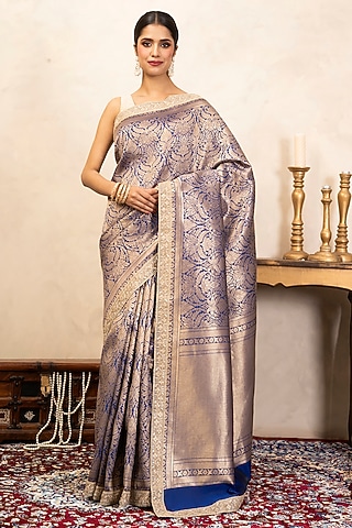 Blue Pure Katan Silk Brocade Saree Set by Zal From Benaras