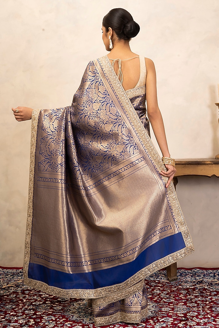 Blue Pure Katan Silk Brocade Party Wear Saree Set by Zal From Benaras at Pernia's Pop Up Shop