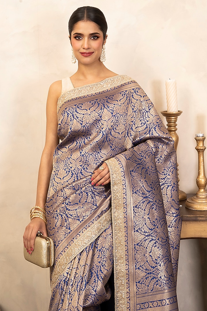 Blue Pure Katan Silk Brocade Party Wear Saree Set by Zal From Benaras at Pernia's Pop Up Shop