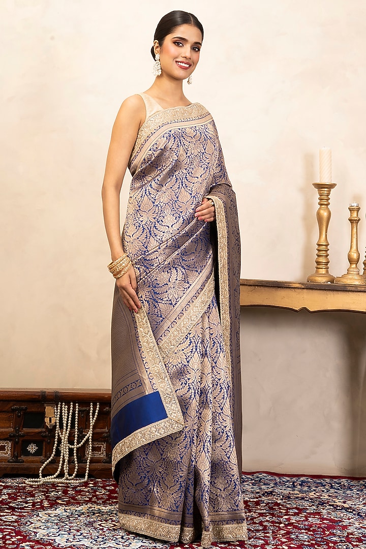 Blue Pure Katan Silk Brocade Party Wear Saree Set by Zal From Benaras at Pernia's Pop Up Shop