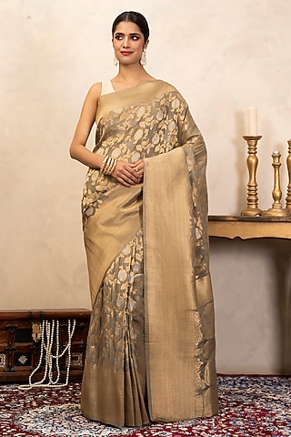 Grey Pure Katan Silk Banarasi Saree Set by Zal From Benaras