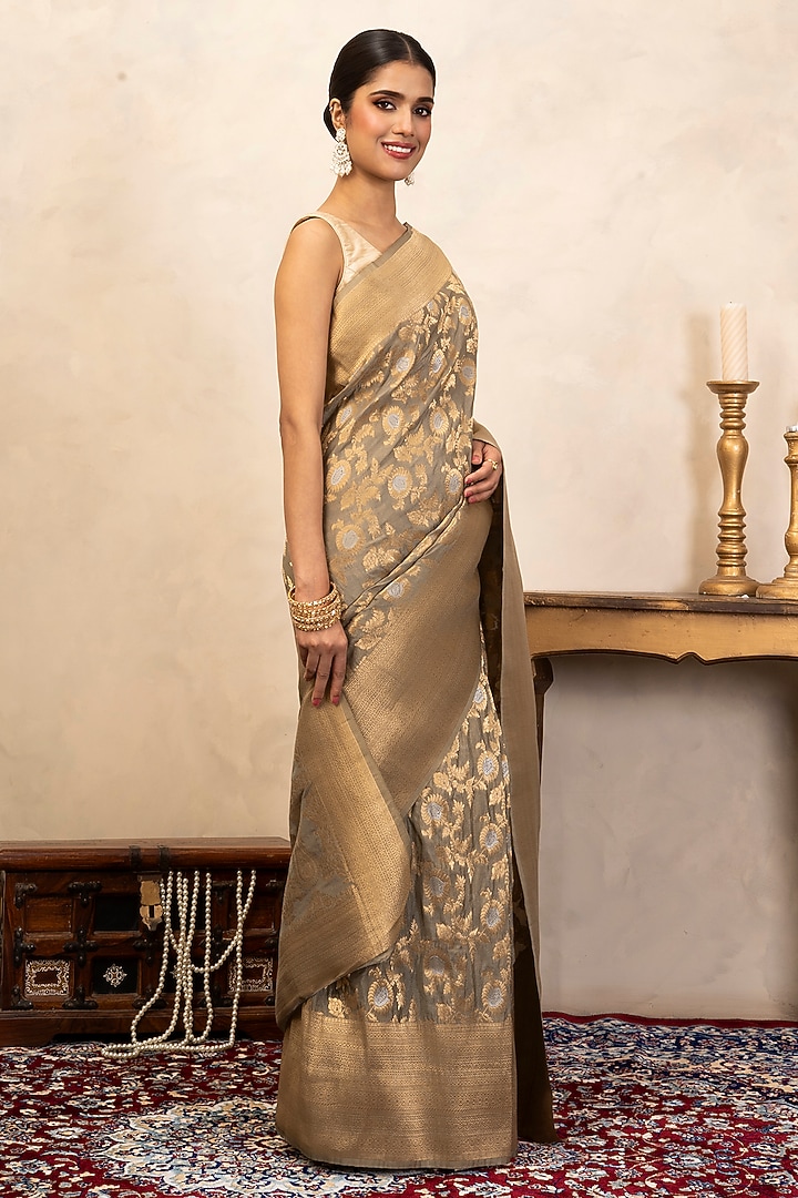 Grey Pure Katan Silk Banarasi Party Wear Saree Set by Zal From Benaras at Pernia's Pop Up Shop