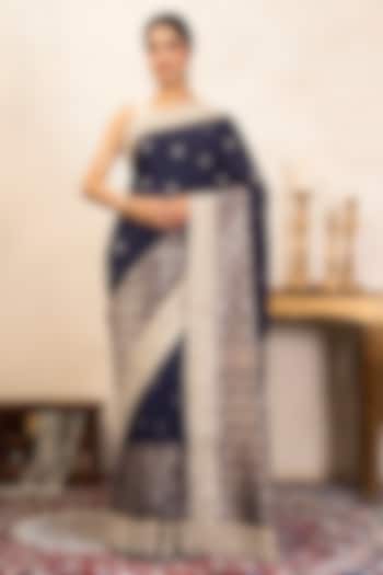 Navy Blue Pure Katan Silk Hand Embroidered Party Wear Saree Set by Zal From Benaras at Pernia's Pop Up Shop