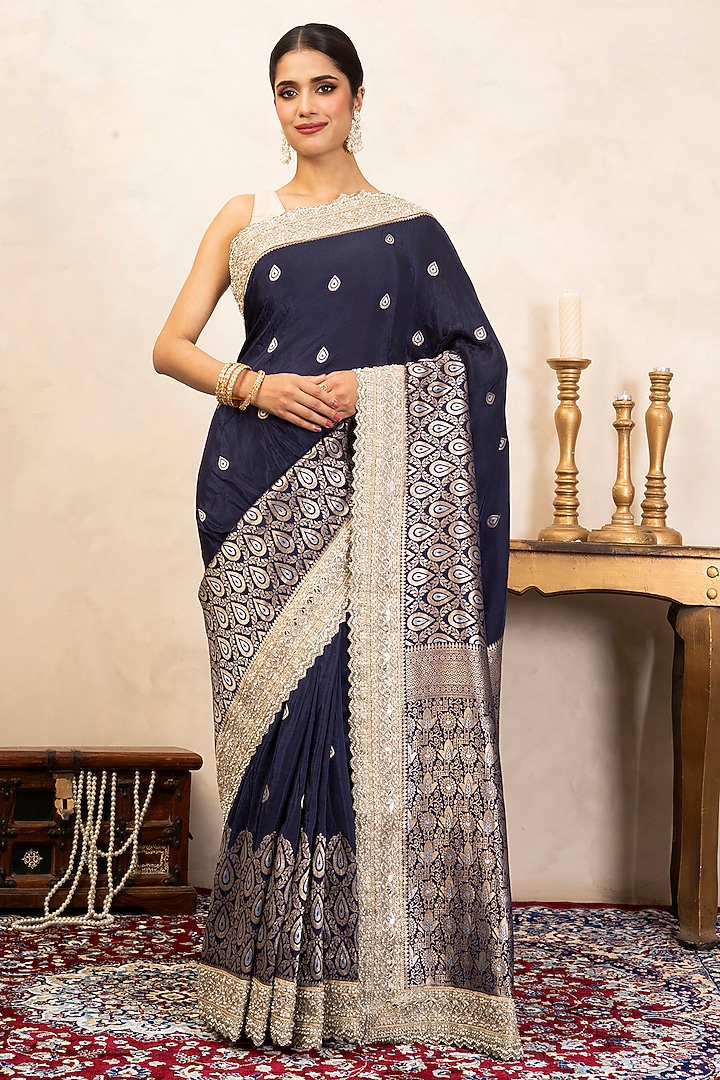 Navy Blue Pure Katan Silk Hand Embroidered Party Wear Saree Set by Zal From Benaras at Pernia's Pop Up Shop